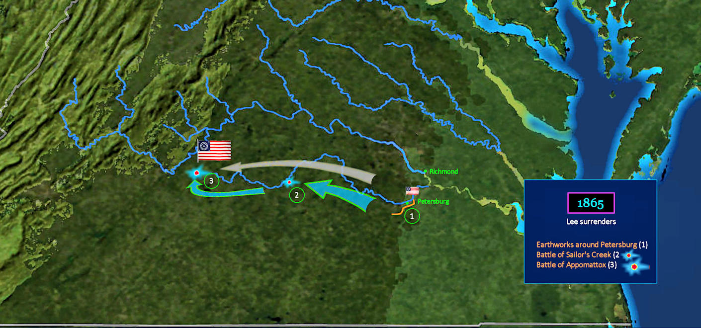 Lee gives up at Appomattox, 1865 map
